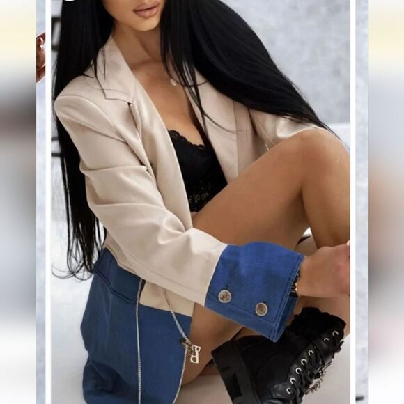 NWT Malabay Marina Block Contrast Blazer Jacket Faux Denim Oversized - Picture 6 of 8